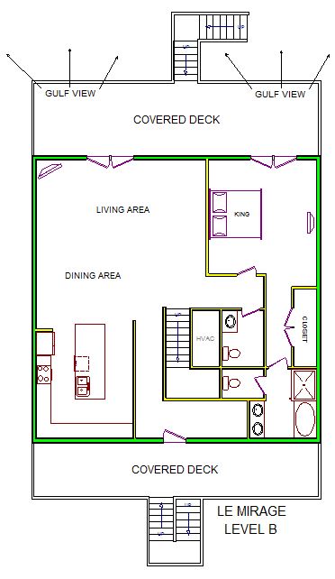 A level B layout view of Sand 'N Sea's beachfront house vacation rental in Galveston named Le Mirage